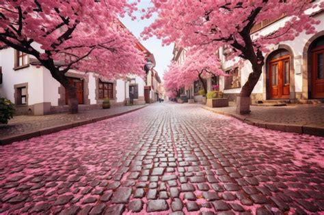 Cobblestone street with pink trees a charming pathway through lush ...