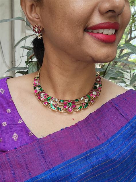 Gold polish kundan, ruby & emerald hasli necklace | House of Taamara