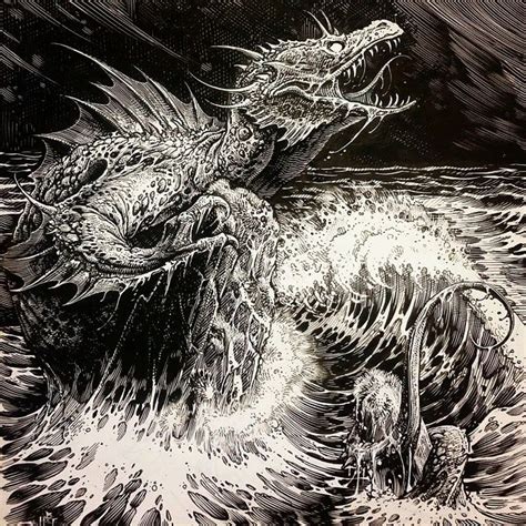 a black and white drawing of a dragon in the water with its mouth wide open