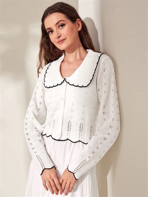 SHEIN Mulvari Peter-pan Collar Pointelle Knit Scallop Trim Cardigan ...