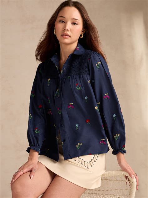 Shop Navy Blue All-over Embroidered Blouse With Smocked Yoke Detail ...