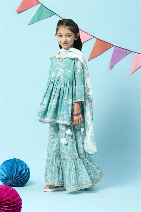 Sea Green Cotton Flared Kurta Garara Suit Set