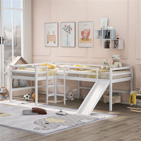 Buy L Shape Loft Beds for 2, Twin Loft Bed with Slide, Low Loft Bed ...