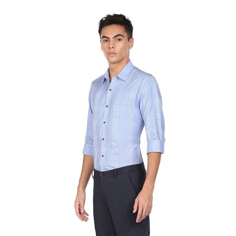 Buy Arrow Men Light Blue Cutaway Collar Check Formal Shirt Online