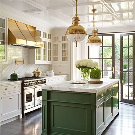 White Kitchen with Green Island and Marble Counters