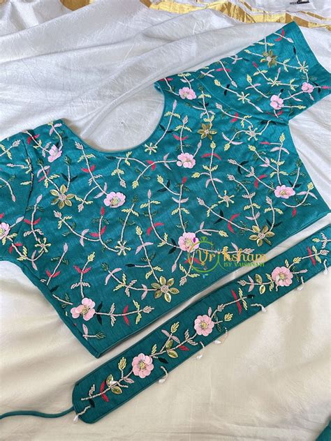 Premium Hand Embroidered Readymade Blouse-Teal Blue – vrikshamindia