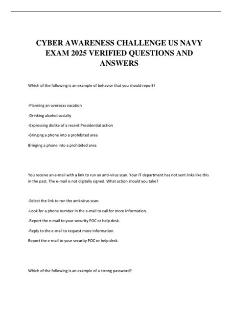 CYBER AWARENESS CHALLENGE US NAVY EXAM 2025 VERIFIED QUESTIONS AND ...