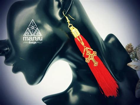 Cross Long Tassel Earrings RED | maruu design