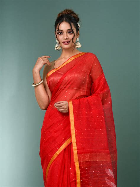 Red Sequin Work Resham Silk Soft Saree – Charukriti