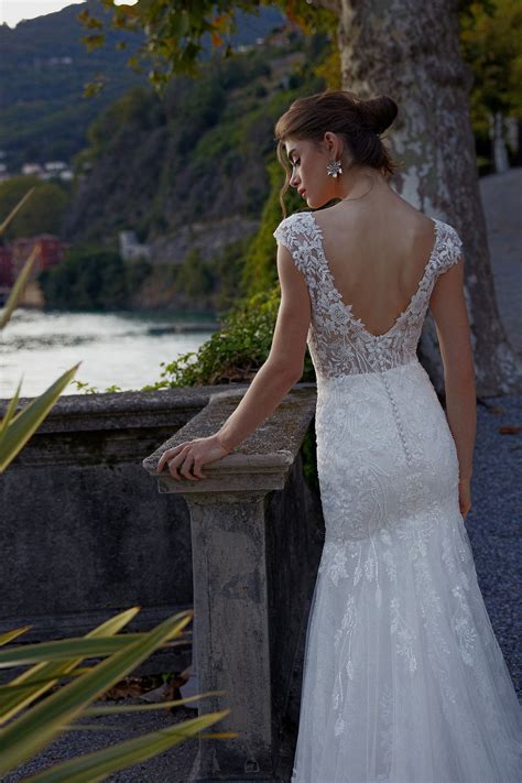 Ilanna: Beaded Lace Fit and Flare Dress with V-Neckline and V-Back | Justin Alexander