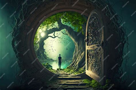 Premium Photo | Green illuminated doorway in form of portal in dark forest