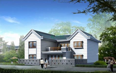 二层美式别墅效果图精品简单,占地144平方12×12米带院子露台农村独栋自建房设计图 - 酷建房