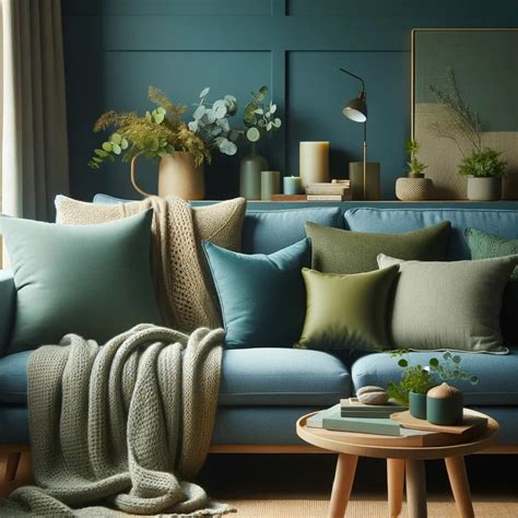 Blue Couch with Olive Green Throw Pillows
