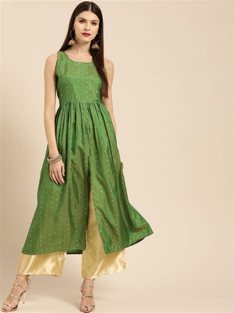 Buy Green Zari Work Chanderi Silk Anarkali Kurta With Palazzos Online ...