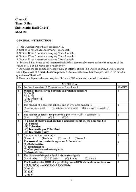 Cbse class 10 maths pre board sample paper 2025 - Class- X Time: 3 Hrs ...
