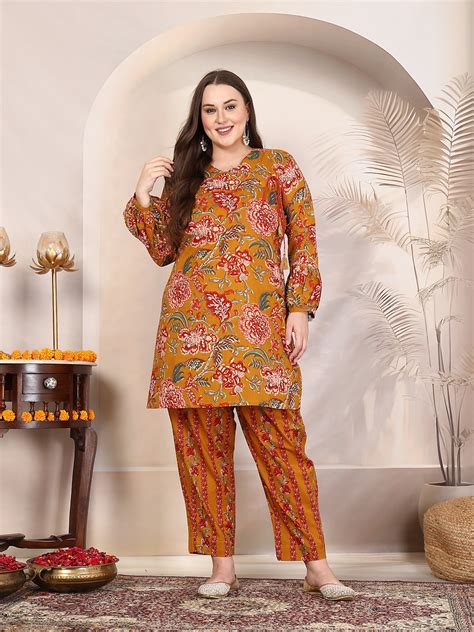 Shop Womens Mustard printed Plus Size Co-ord Set – Sringam