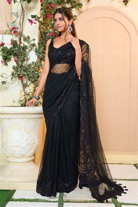 Buy Black Saree Butterfly Net Embroidery Thread And Sequin With Blouse ...
