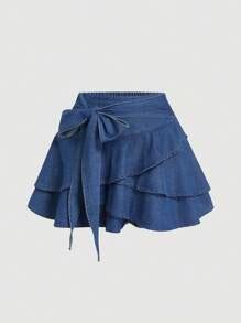 SHEIN MOD Women's Summer Casual Drawstring Ruffle Denim Skirt | SHEIN USA