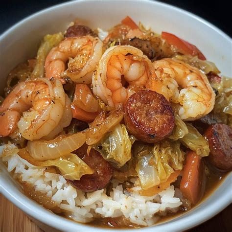 Spicy Cajun Shrimp, Sausage, and Cabbage Stir-Fry over Rice - s ...