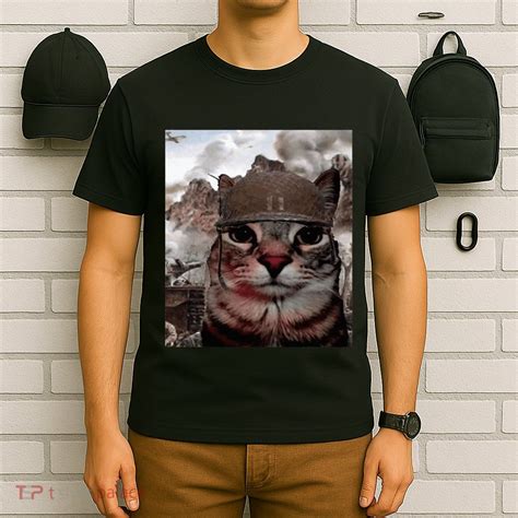 Thousand Yard Stare Funny Soldier Cat Meme In Battlefield T-Shirt ...
