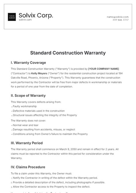Free Standard Construction Warranty Template to Edit Online