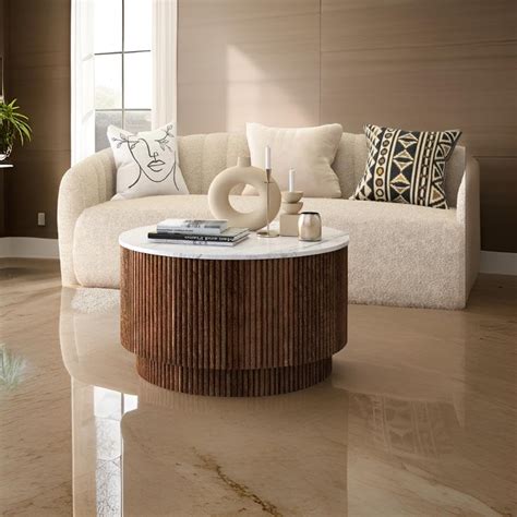 TANUSH FURNITURES Modern Aura Brown Round Marble Top Finish and Storage ...
