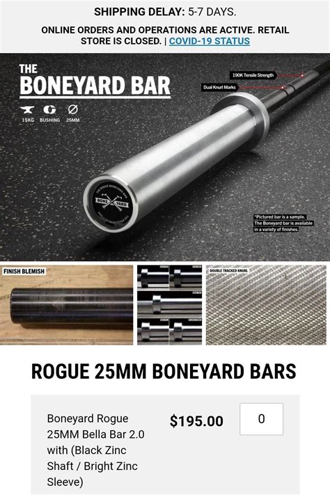 Rogue Fitness - Boneyard Bella Bar 2.0 25MM (Black Zinc Shaft/Bright Zinc Sleeves) - Brand New ...