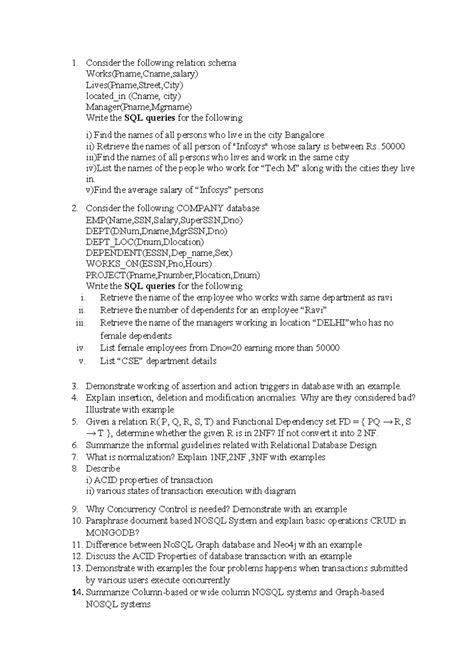 Question Bank-DBMS - Consider the following relation schema Works(Pname ...