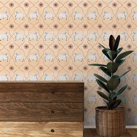 Gauri Pichwai Cows Pastel Peach Wallpaper | Life n Colors