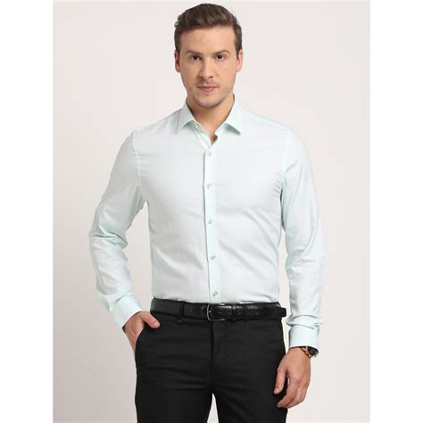 Buy Turtle Men Cotton Slim Fit Light Green Textured Full Sleeve ...