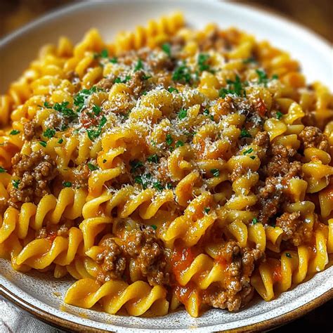 Indulge in Rotini Pasta with Garlic Butter Sauce and Ground Beef ...