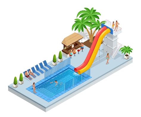 Isometric aqua park with water slides, water pool, people or visitors ...