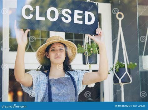Closed, Floral and Woman with Sign, Recession and Inflation with Bankruptcy, Unemployment or ...