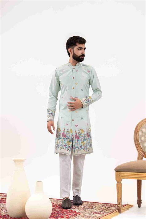 SKY BLUE PARROT PATTERN JACQUARD DESIGNER INDO-WESTERN KURTA – Mangal ...