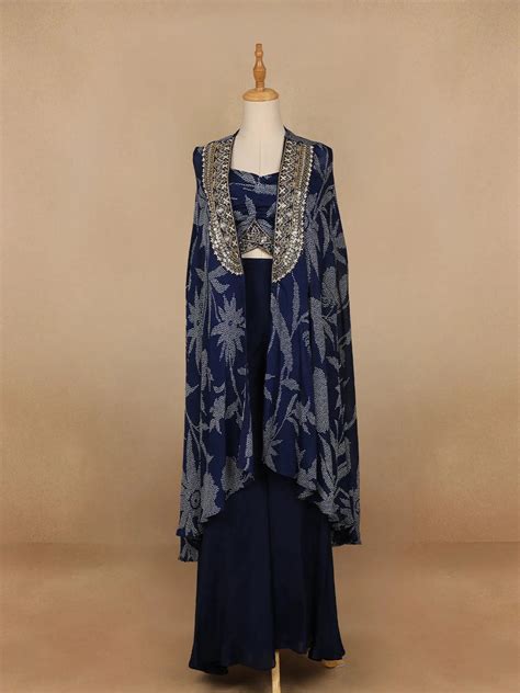 Navy Blue Floral Design Crepe Palazzo Suit | Diadem