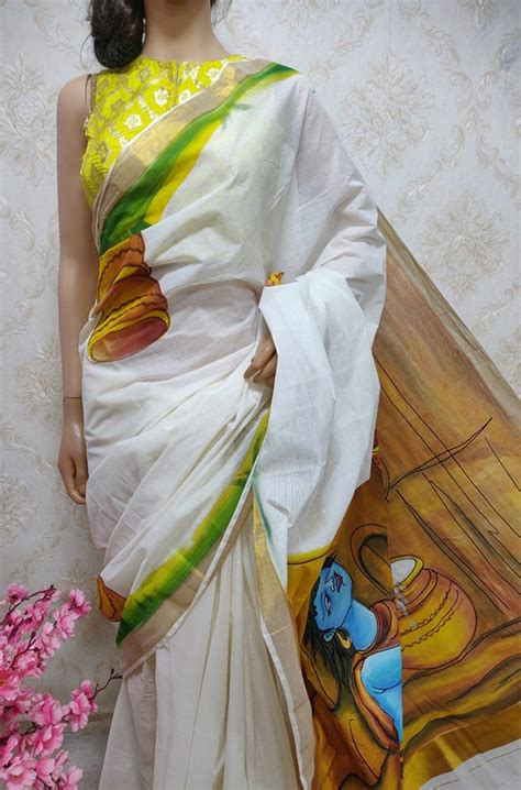 Off White Hand Painted Pure Kerala Cotton Saree - Luxurionworld