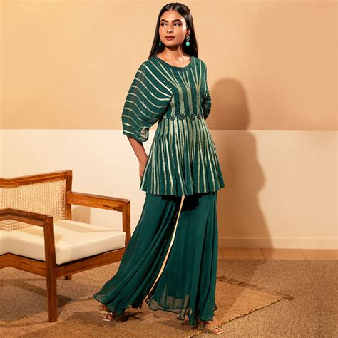 Emarald Green Pleated Palazzo And Sequinned Tunic – Suvidha Fashion