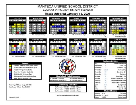 Manteca Unified School District Calendar 2025-2026 in PDF