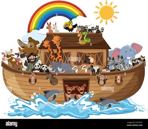 Noah's Ark with Animals on water wave isolated on white background ...