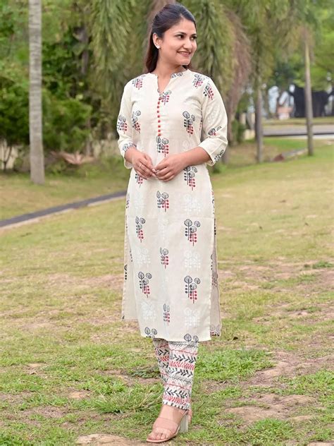 Buy Off-White Printed Cotton Straight Kurta With Trousers Online at Rs ...
