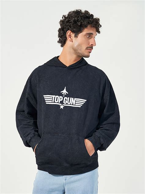 Buy Styli Black Men Top Gun Graphic Printed Oversized Hoodie Online