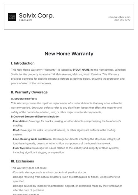 Free New Home Warranty Template to Edit Online