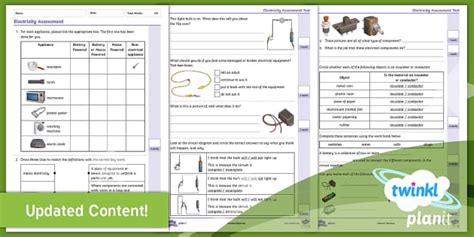Science: Electricity: Year 4 Assessment Test