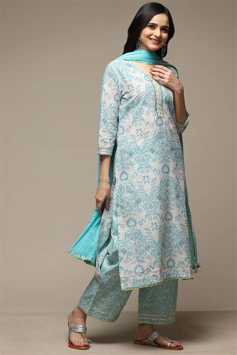Off White & Blue Cotton Straight Kurta Palazzo Suit Set