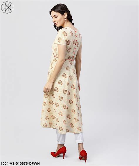 Women Off White Printed Round Neck Three-Quarter Sleeves Cotton Tunic