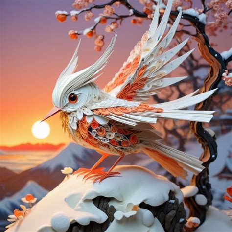 Japanese snow fairy bird, Sunset colours, detailed, beautiful, Origami ...