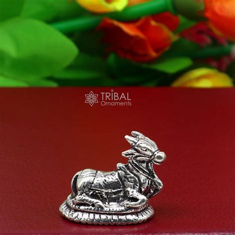 925 Sterling silver Lord Shiva Nandi Maharaj handmade small solid figu ...