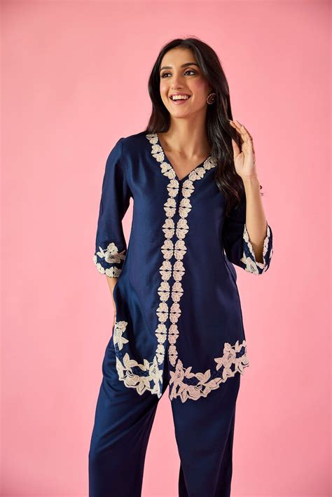 Whisper Navy Blue Cotton Embroidered Co-ord Set