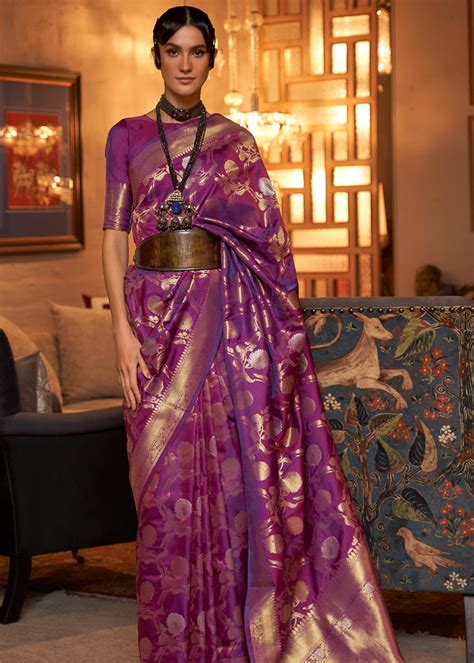 Buy Twilight Purple Banarasi Brocade Silk Saree Online - MySilkLove