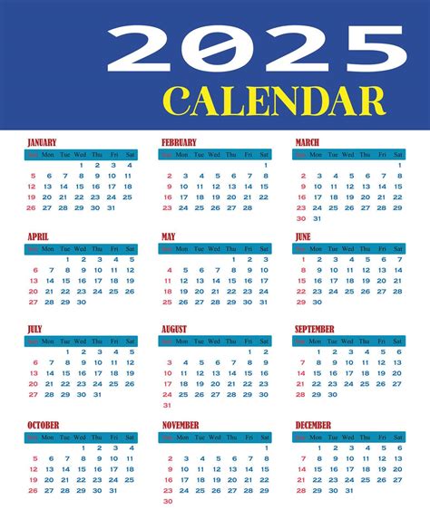 sencillo nuevo calendario 2025 mensual Inglés calendario modelo para ...